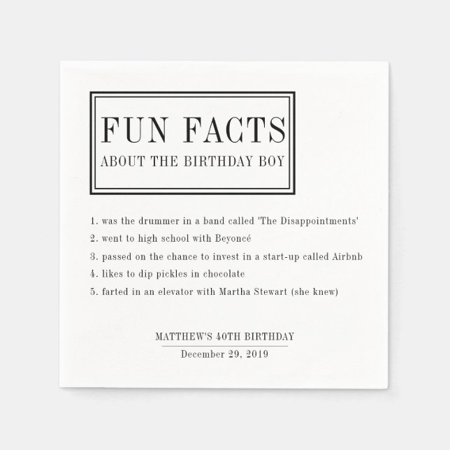 Serviette En Papier Fun Facts serviettes personnalisées pour les anniv (Devant)