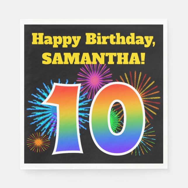 Serviette En Papier Fun Fireworks + Rainbow Motif "10" Anniversaire # (Devant)