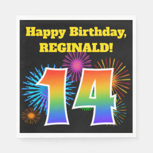 Serviette En Papier Fun Fireworks + Rainbow Motif "14" Anniversaire #