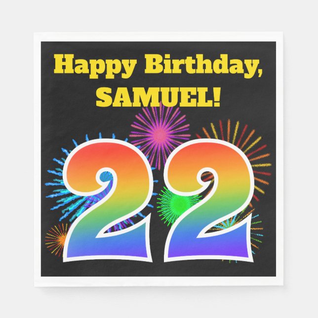 Serviette En Papier Fun Fireworks + Rainbow Motif "22" Anniversaire # (Devant)