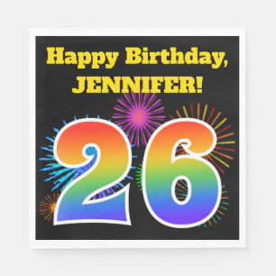 Serviette En Papier Fun Fireworks + Rainbow Motif "26" Anniversaire #