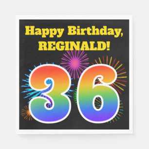 Serviette En Papier Fun Fireworks + Rainbow Motif "36" Anniversaire #