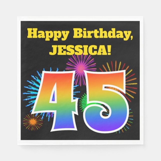 Serviette En Papier Fun Fireworks + Rainbow Motif "45" Anniversaire # (Devant)