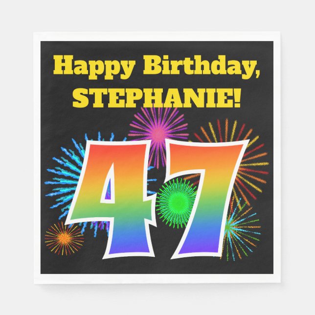 Serviette En Papier Fun Fireworks + Rainbow Motif "47" Anniversaire # (Devant)