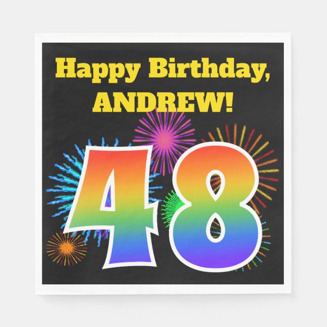 Serviette En Papier Fun Fireworks + Rainbow Motif "48" Anniversaire # (Devant)