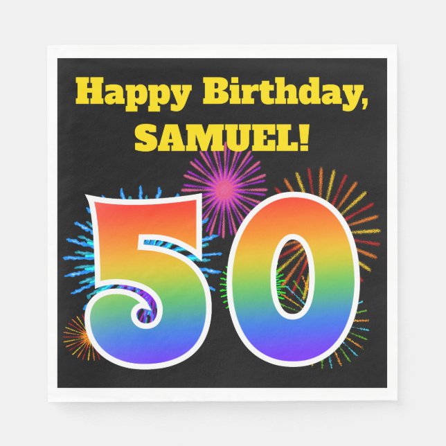 Serviette En Papier Fun Fireworks + Rainbow Motif "50" Anniversaire # (Devant)