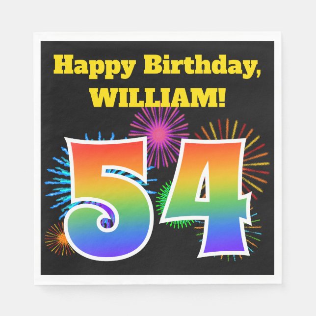 Serviette En Papier Fun Fireworks + Rainbow Motif "54" Anniversaire # (Devant)