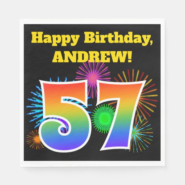 Serviette En Papier Fun Fireworks + Rainbow Motif "57" Anniversaire # (Devant)