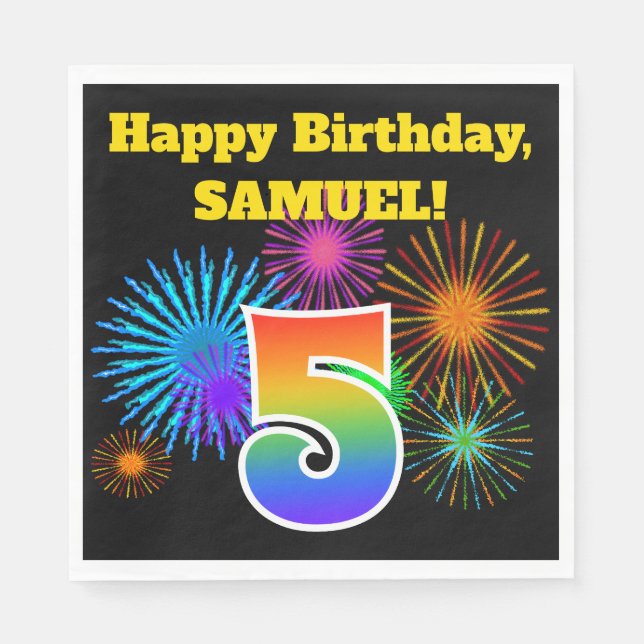 Serviette En Papier Fun Fireworks + Rainbow Motif "5" Anniversaire # (Devant)