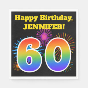 Serviette En Papier Fun Fireworks + Rainbow Motif "60" Anniversaire #