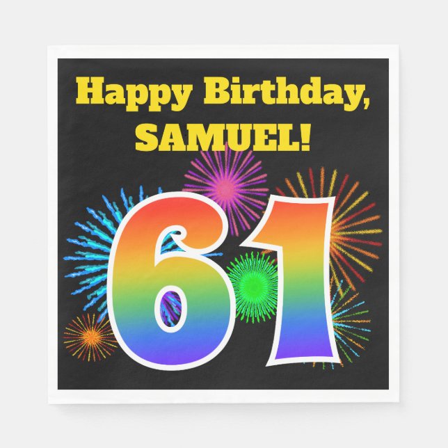 Serviette En Papier Fun Fireworks + Rainbow Motif "61" Anniversaire # (Devant)