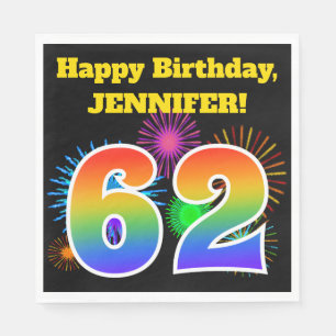 Serviette En Papier Fun Fireworks + Rainbow Motif "62" Anniversaire #