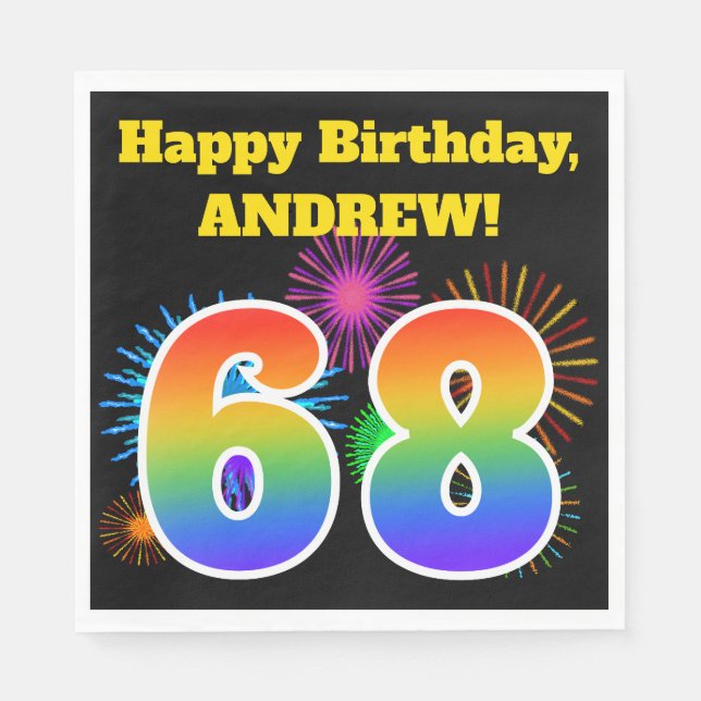 Serviette En Papier Fun Fireworks + Rainbow Motif "68" Anniversaire # (Devant)