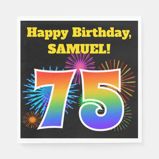 Serviette En Papier Fun Fireworks + Rainbow Motif "75" Anniversaire # (Devant)