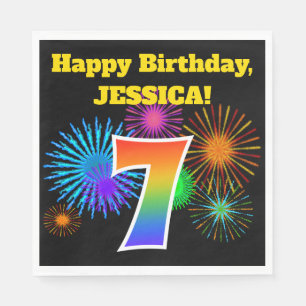 Serviette En Papier Fun Fireworks + Rainbow Motif "7" Anniversaire #