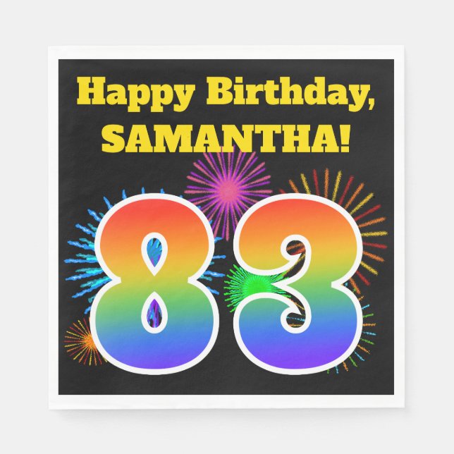 Serviette En Papier Fun Fireworks + Rainbow Motif "83" Anniversaire # (Devant)
