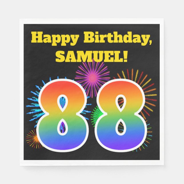 Serviette En Papier Fun Fireworks + Rainbow Motif "88" Anniversaire # (Devant)