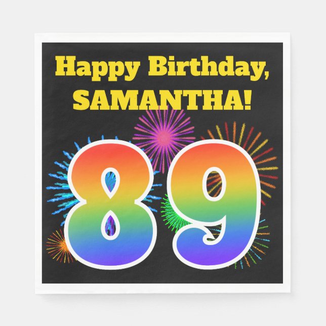 Serviette En Papier Fun Fireworks + Rainbow Motif "89" Anniversaire # (Devant)