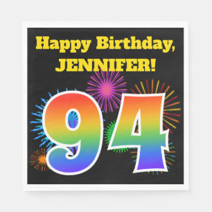 Serviette En Papier Fun Fireworks + Rainbow Motif "94" Anniversaire #