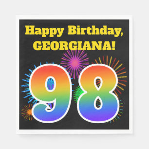 Serviette En Papier Fun Fireworks + Rainbow Motif "98" Anniversaire #