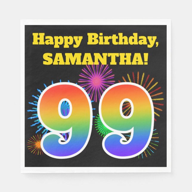 Serviette En Papier Fun Fireworks + Rainbow Motif "99" Anniversaire # (Devant)