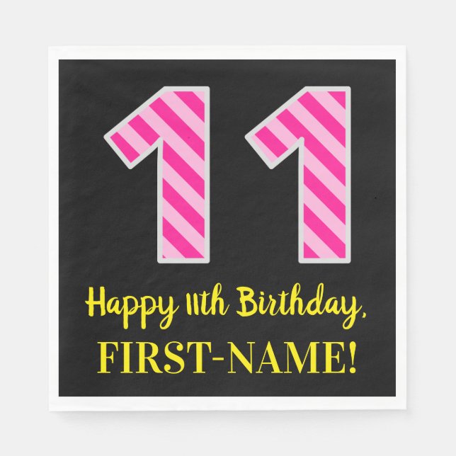 Serviette En Papier Fun Pink Stripes "11"; Joyeux 11e anniversaire; No (Devant)