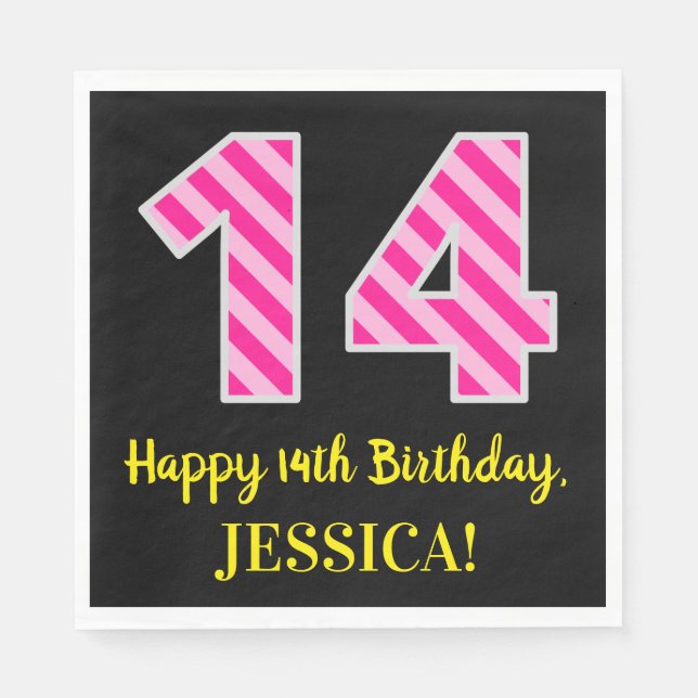 Serviette En Papier Fun Pink Stripes "14"; Joyeux 14e anniversaire; No (Devant)