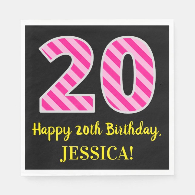 Serviette En Papier Fun Pink Stripes "20"; Joyeux 20e anniversaire; No (Devant)