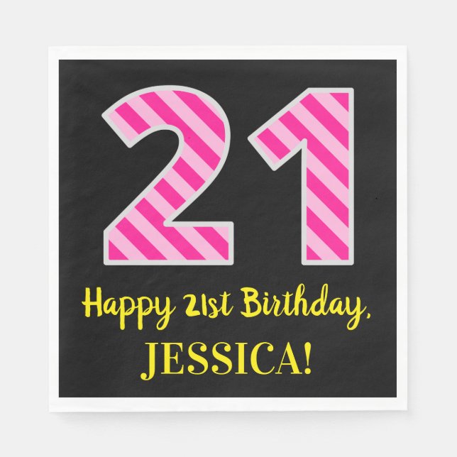 Serviette En Papier Fun Pink Stripes "21"; Joyeux 21e anniversaire; No (Devant)