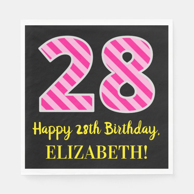 Serviette En Papier Fun Pink Stripes "28"; Joyeux 28e anniversaire; No (Devant)