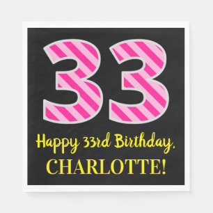 Serviette En Papier Fun Pink Stripes "33"; Joyeux 33ème anniversaire; 