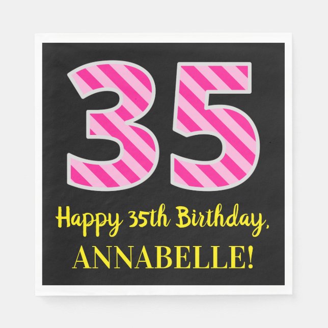 Serviette En Papier Fun Pink Stripes "35"; Joyeux 35e anniversaire; No (Devant)
