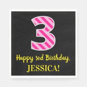 Serviette En Papier Fun Pink Stripes "3"; Joyeux 3ème anniversaire; No