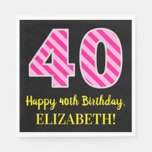 Serviette En Papier Fun Pink Stripes "40"; Joyeux 40e anniversaire; No