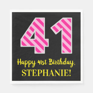 Serviette En Papier Fun Pink Stripes "41"; Joyeux 41e anniversaire; No