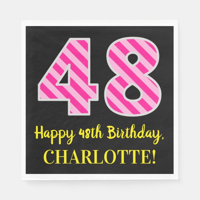 Serviette En Papier Fun Pink Stripes "48"; Joyeux 48ème anniversaire;  (Devant)