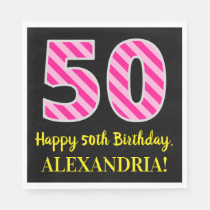 Serviette En Papier Fun Pink Stripes "50"; Joyeux 50e anniversaire; No