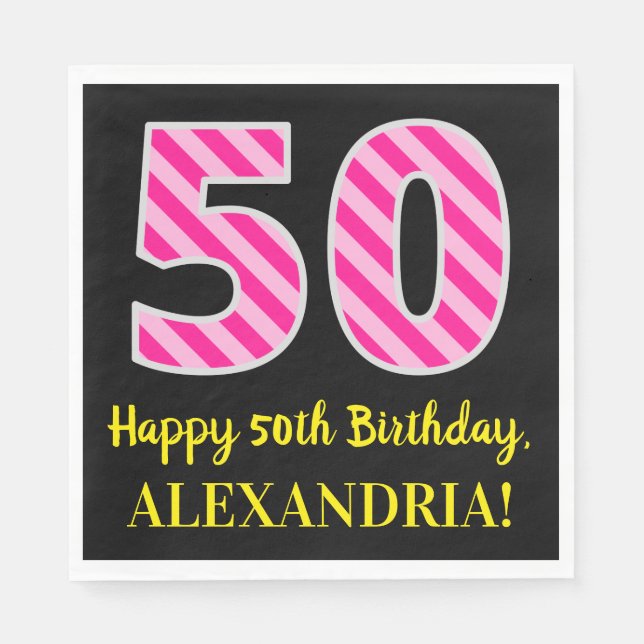 Serviette En Papier Fun Pink Stripes "50"; Joyeux 50e anniversaire; No (Devant)