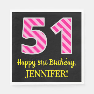 Serviette En Papier Fun Pink Stripes "51"; Joyeux 51e anniversaire; No