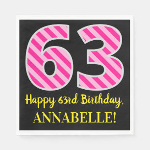 Serviette En Papier Fun Pink Stripes "63"; Joyeux 63ème anniversaire; 