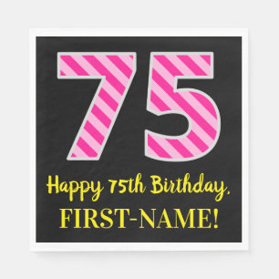 Serviette En Papier Fun Pink Stripes "75"; Joyeux 75e anniversaire; No