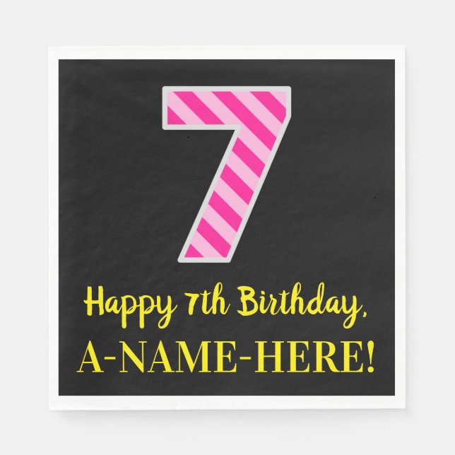 Serviette En Papier Fun Pink Stripes "7"; Joyeux 7e anniversaire; Nom (Devant)