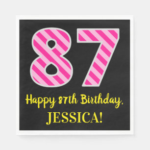 Serviette En Papier Fun Pink Stripes "87"; Joyeux 87ème anniversaire; 