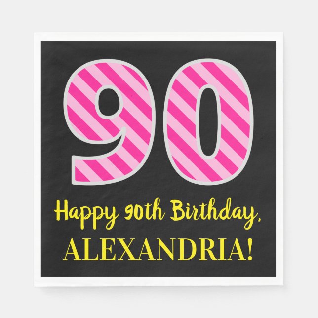 Serviette En Papier Fun Pink Stripes "90"; Joyeux 90e anniversaire; No (Devant)