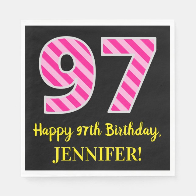Serviette En Papier Fun Pink Stripes "97"; Joyeux 97ème anniversaire;  (Devant)