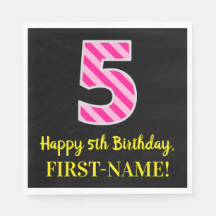 Serviette En Papier Fun Rose Stripes "5"; Joyeux 5e anniversaire; Nom