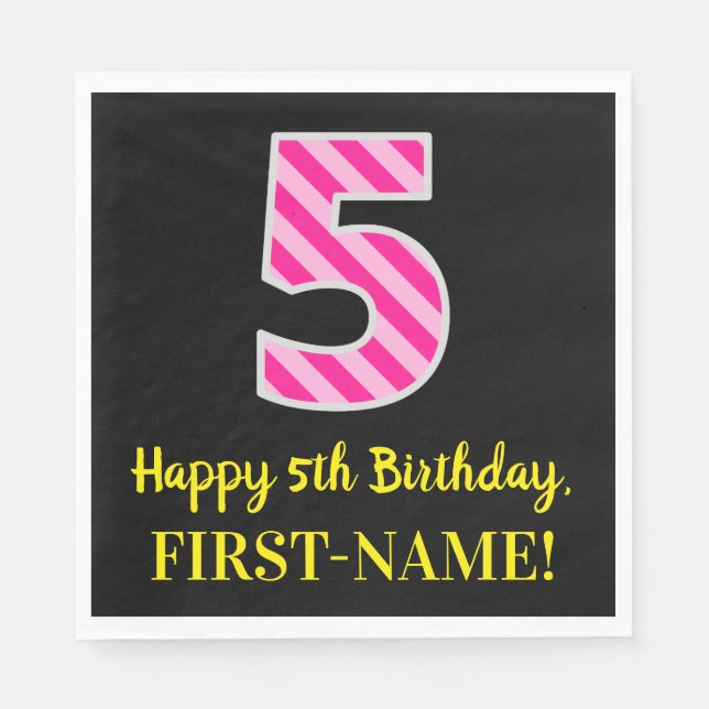 Serviette En Papier Fun Rose Stripes "5"; Joyeux 5e anniversaire; Nom (Devant)