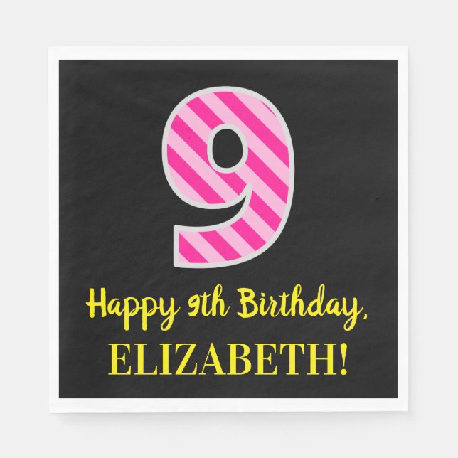 Serviette En Papier Fun Rose Stripes "9"; Joyeux 9e anniversaire; Nom (Devant)
