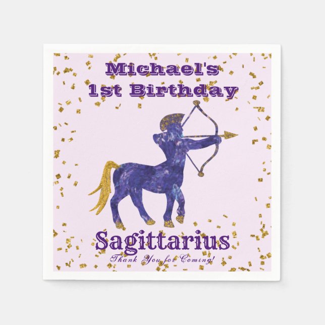 Serviette En Papier Fun Sagittarius Premier Anniversaire & Gold Confet (Devant)