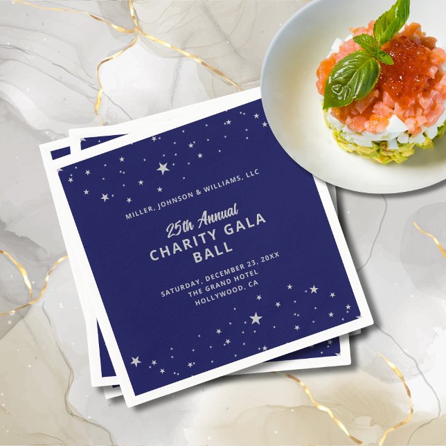 Serviette En Papier Gala Événement Charity Ball Élégant Blue Silver St (Gala Event Charity Ball Elegant Navy Blue and Silver Cocktail Napkin with Event Details, Stars.)